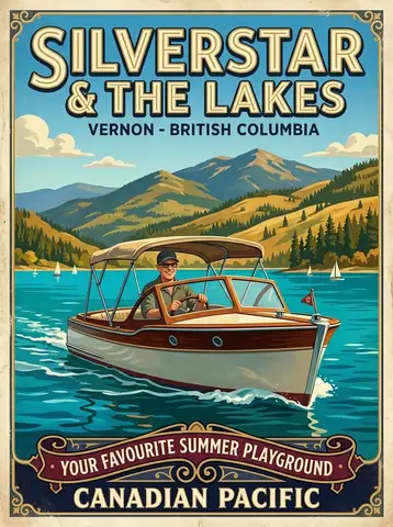 Poster: SilverStar and the Lakes, a vintage wooden boat on turquoise water (poster art)