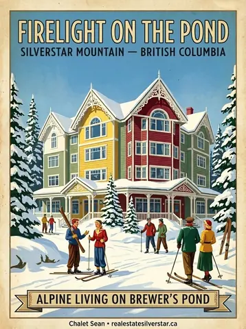 Poster: Firelight on the Pond, skaters in front of a village lodge (poster art)