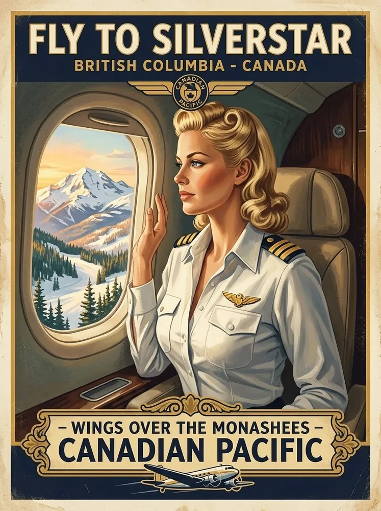Vintage-style poster titled Fly to SilverStar with a pilot at an airplane window