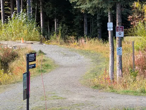 Gravel trail through autumn forest with trail signs