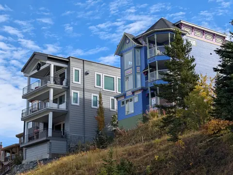 Grey and blue chalets with balconies on a grassy slope