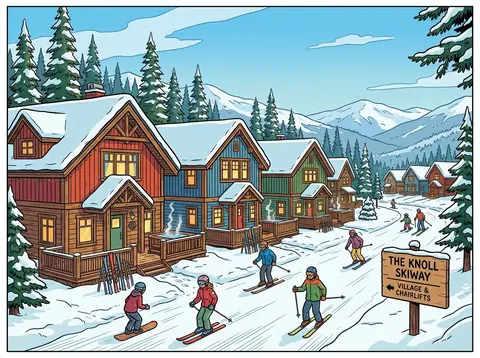 Cartoon of timber chalets beside a ski-way on The Knoll (illustration)