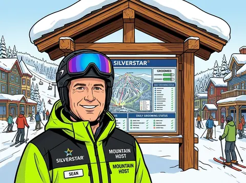 Cartoon of Sean as a Mountain Host beside the grooming board (illustration)