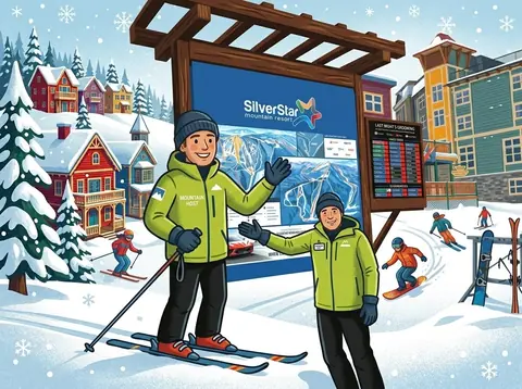 Cartoon of two Mountain Hosts waving beside a trail map board (illustration)