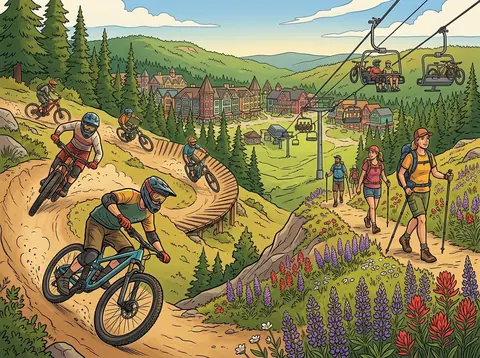 Cartoon of mountain bikers and hikers among wildflowers (illustration)