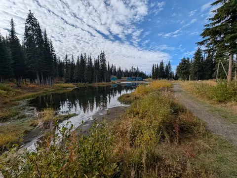 Gravel path curving along Brewer’s Pond with golden autumn grass
