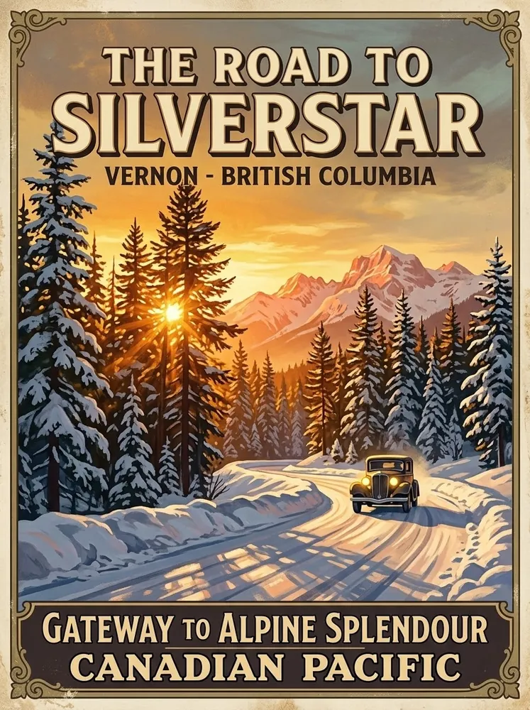 Vintage-style poster titled The Road to SilverStar, Vernon, British Columbia