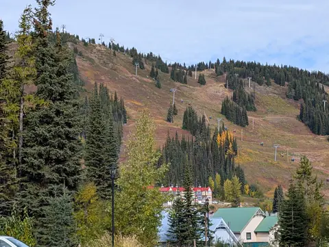 Autumn-coloured ski run above village rooftops