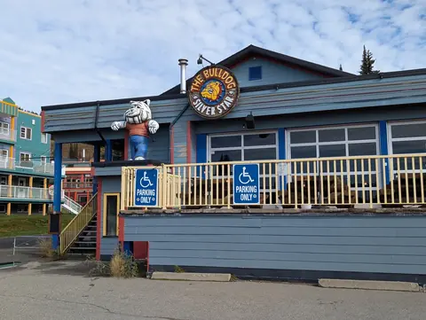 The Bulldog Silver Star pub building with its round sign and bulldog statue