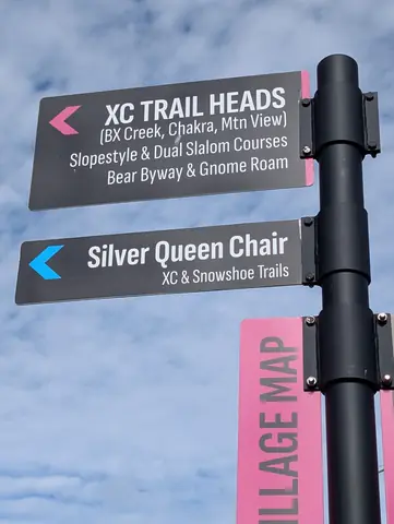 Village signpost pointing to the XC trail heads and the Silver Queen chair